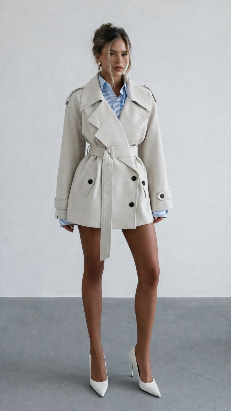 Nada Belted Short Trench Coat - Beige