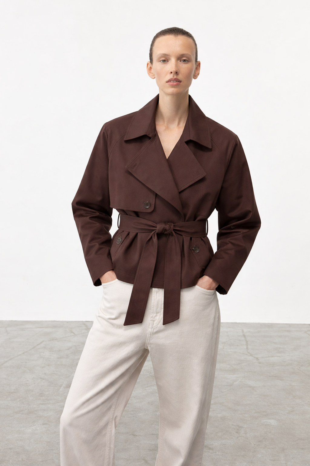 Cropped Belted Trench Jacket Chocolate
