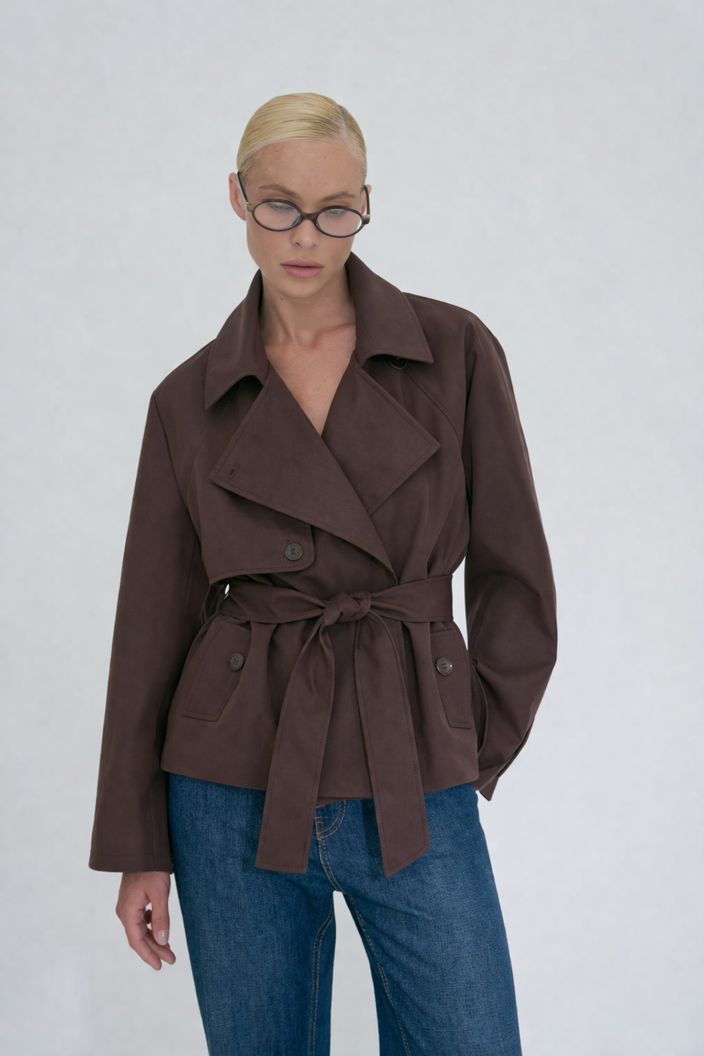 Cropped Belted Trench Jacket Chocolate