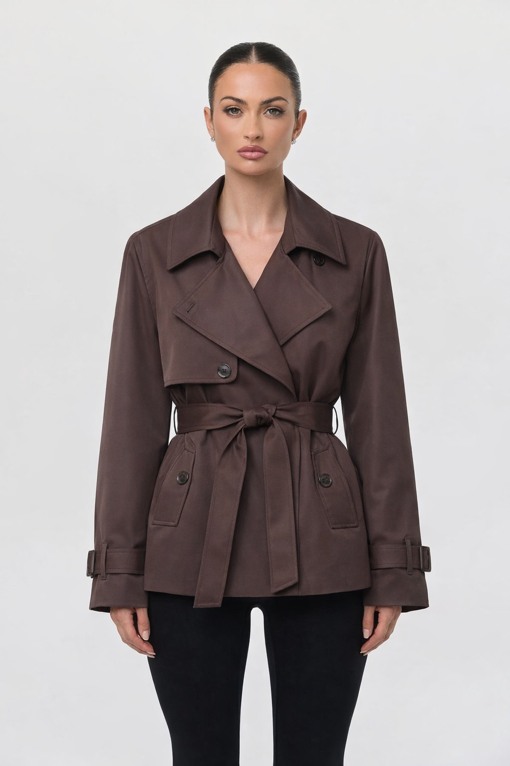 Cropped Belted Trench Jacket Chocolate