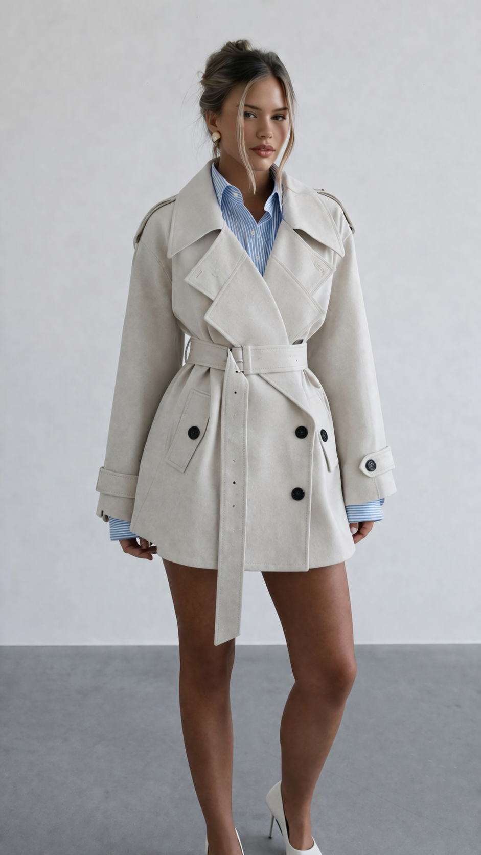 Nada Belted Short Trench Coat - Beige