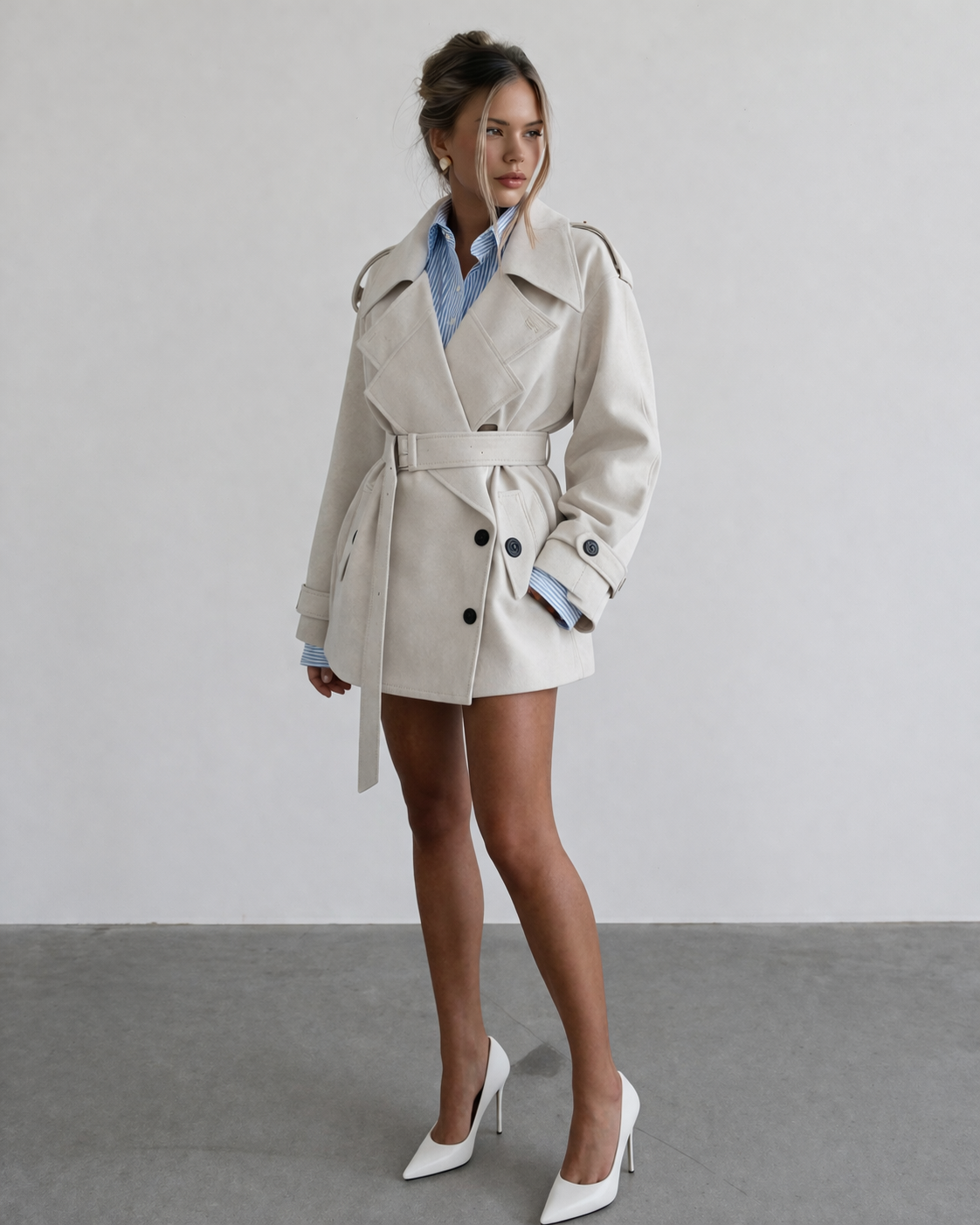 Nada Belted Short Trench Coat - Beige