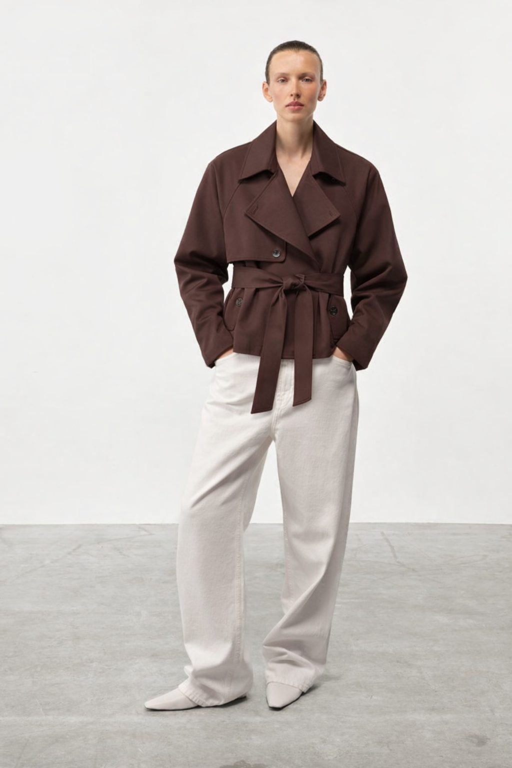 Cropped Belted Trench Jacket Chocolate