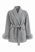 Minimal Belted Jacket with Faux Fur Cuffs - Grey