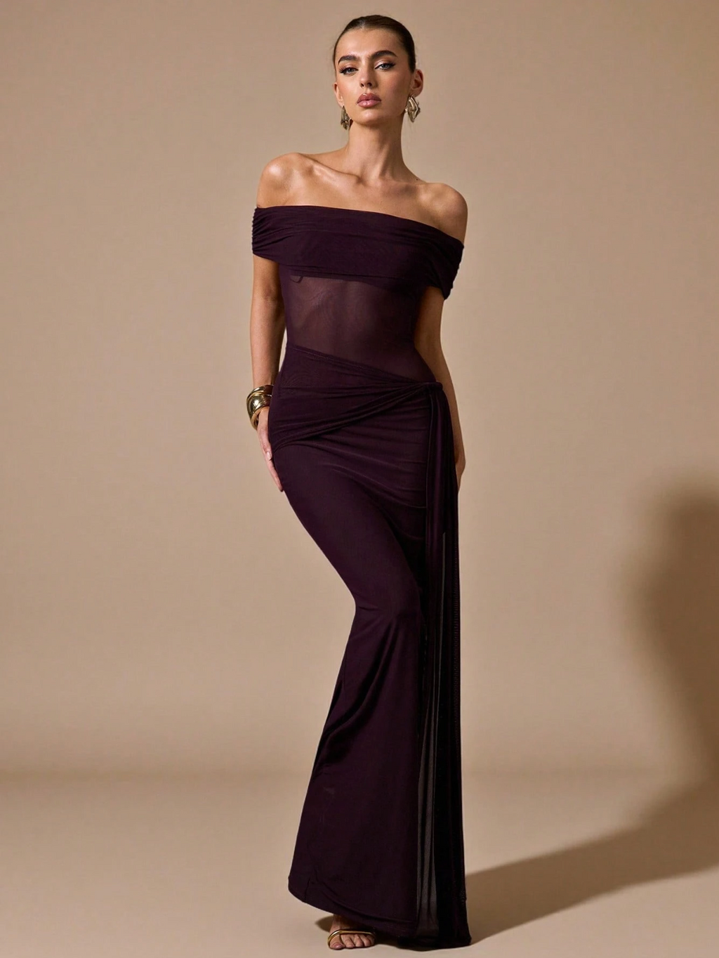 Yasmine Off-Shoulder Mesh Draped Maxi Dress
