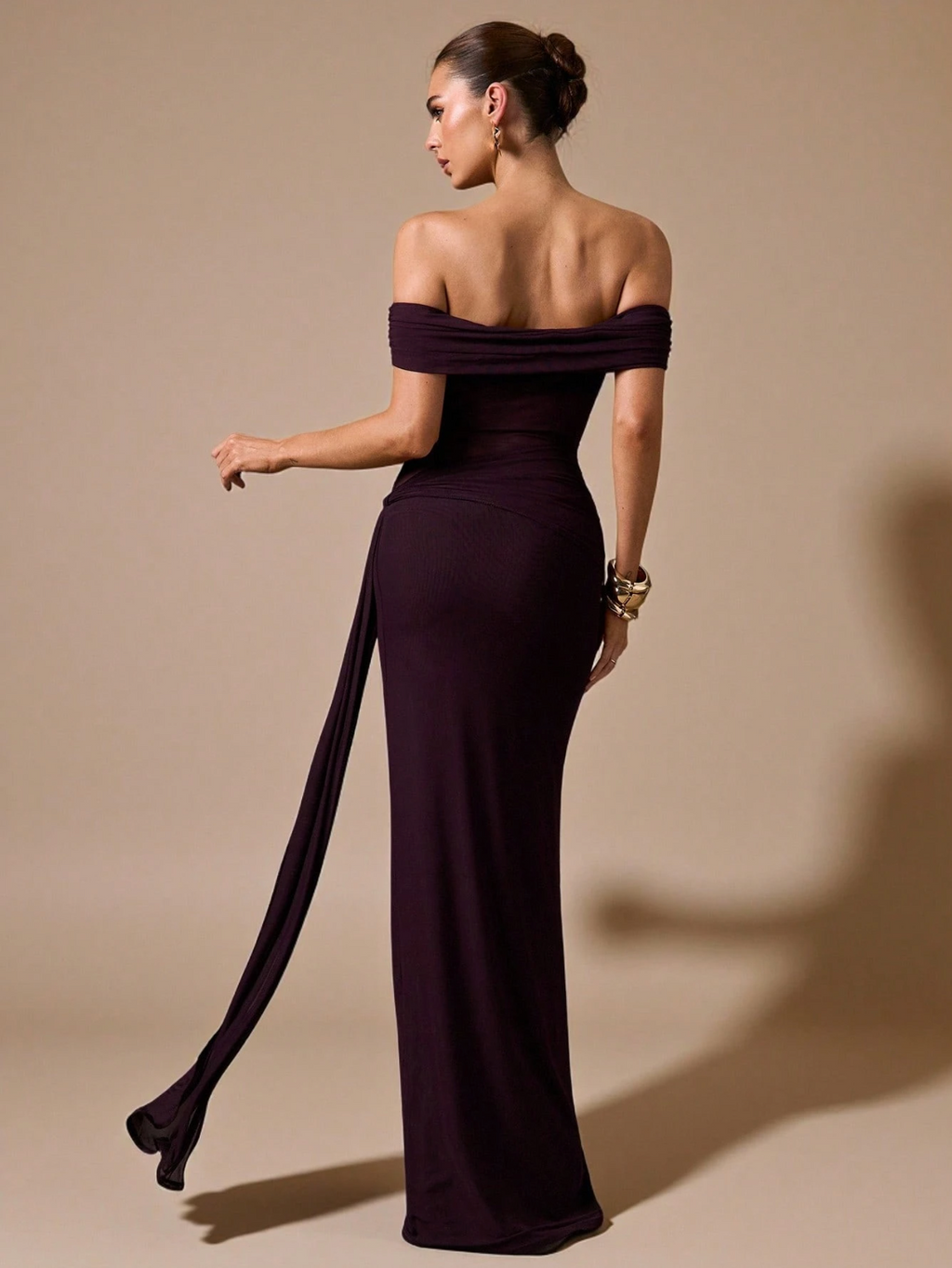 Yasmine Off-Shoulder Mesh Draped Maxi Dress