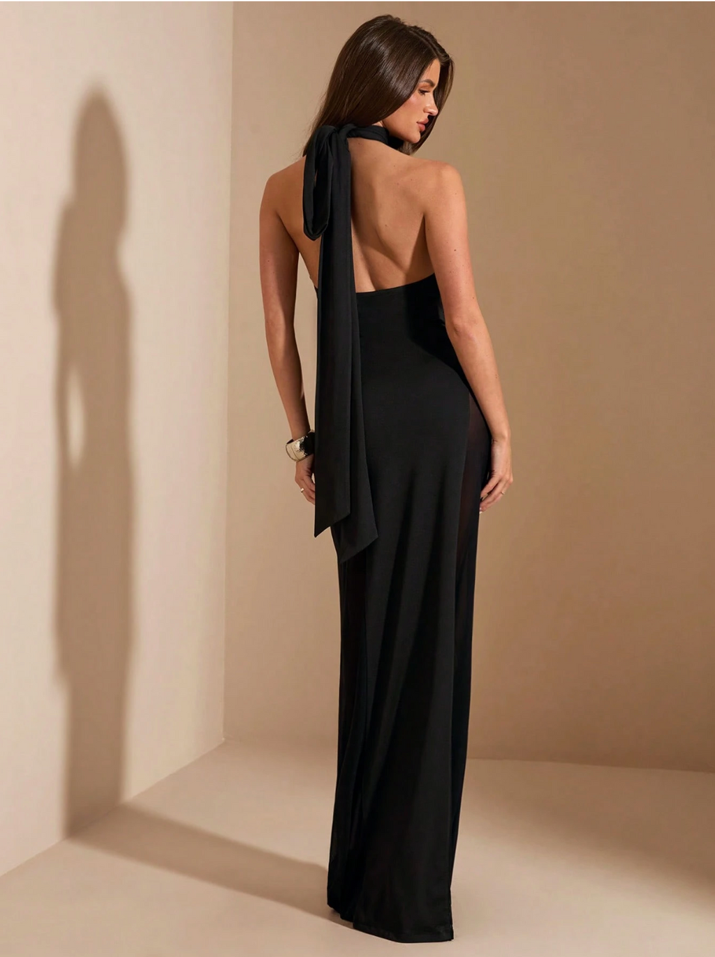 Karen Black Sheer Mesh Panel Halter Dress