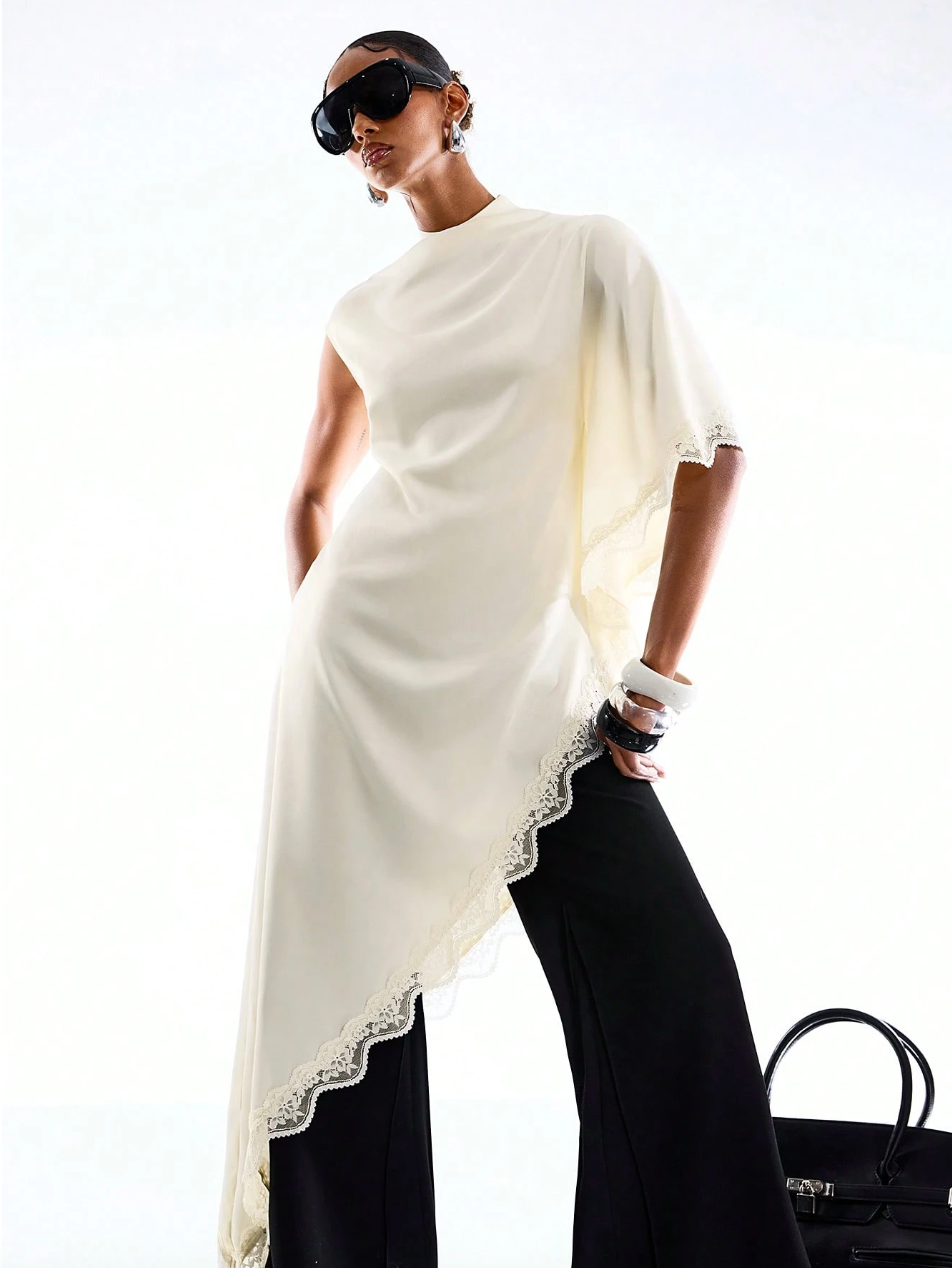 Olivia Asymmetric Draped Lace Trim Top