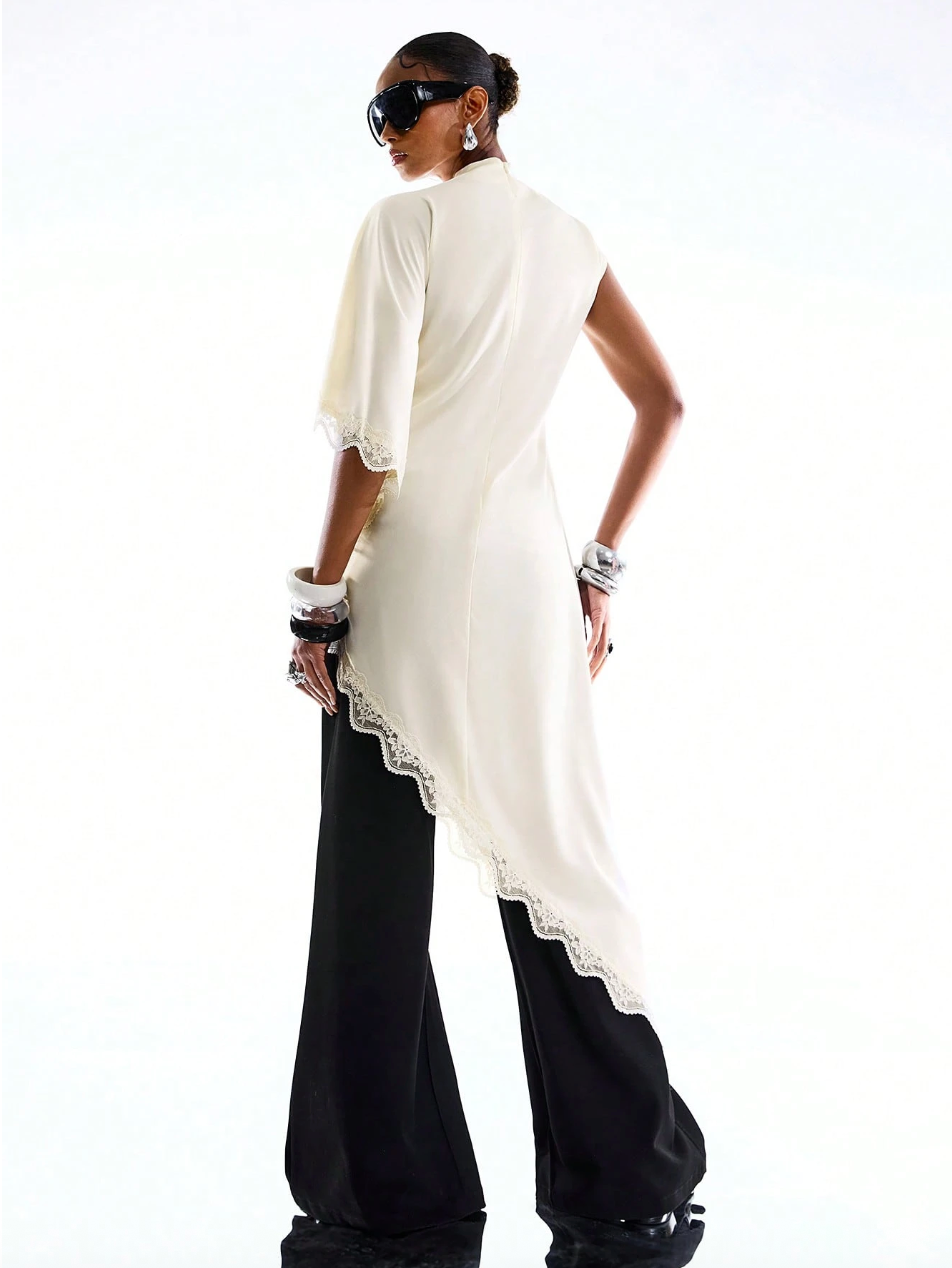 Olivia Asymmetric Draped Lace Trim Top