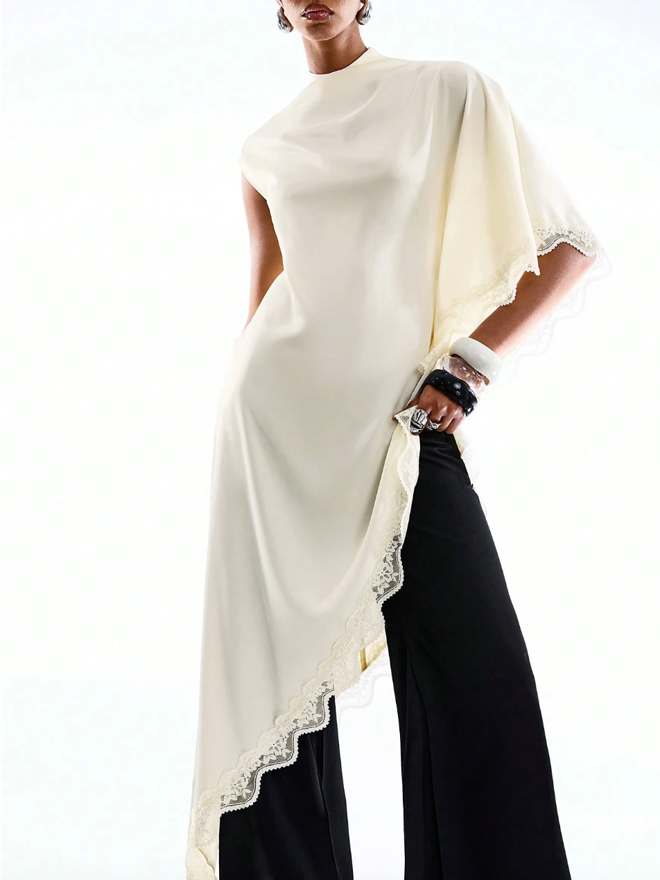 Olivia Asymmetric Draped Lace Trim Top