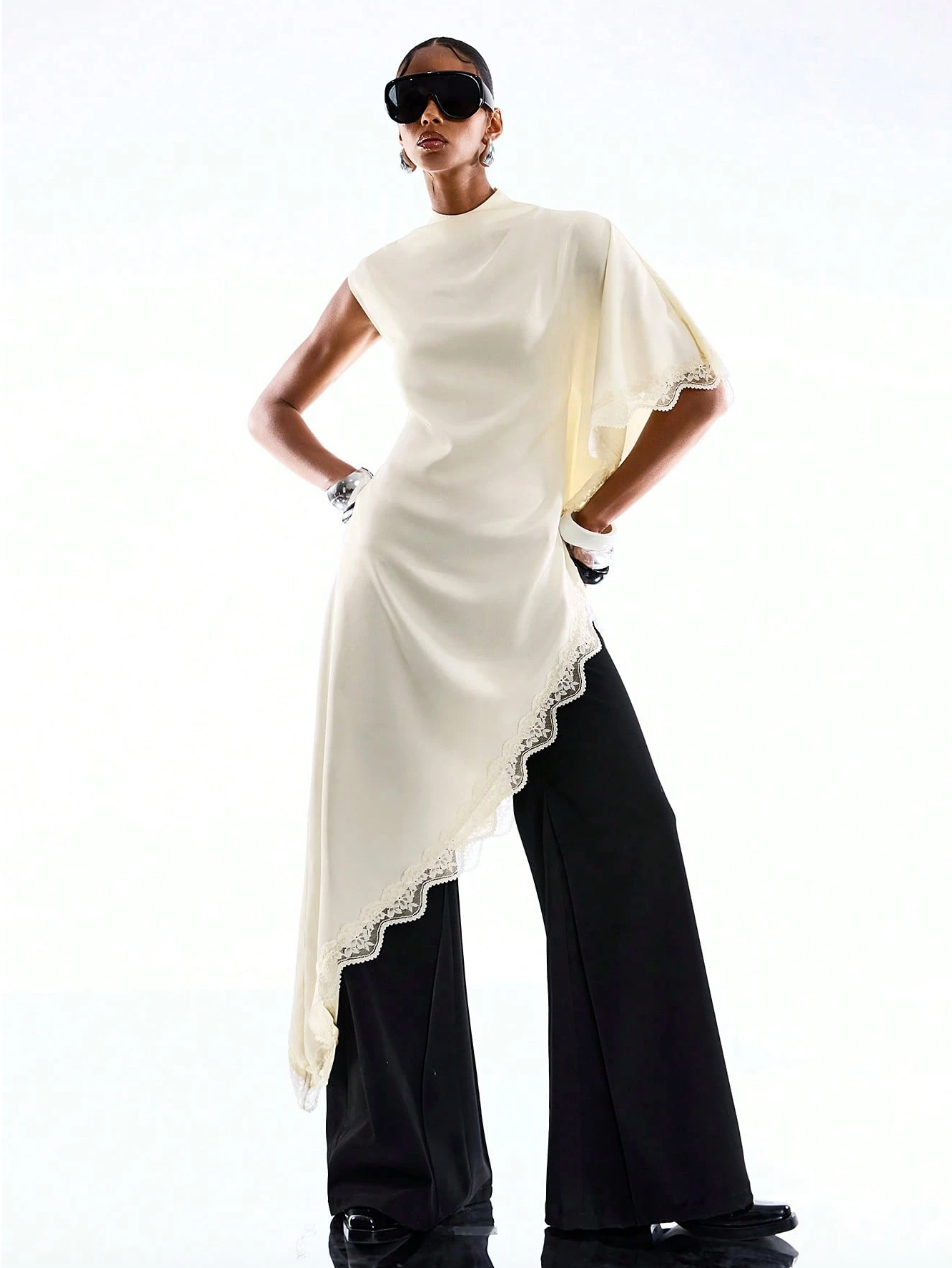 Olivia Asymmetric Draped Lace Trim Top